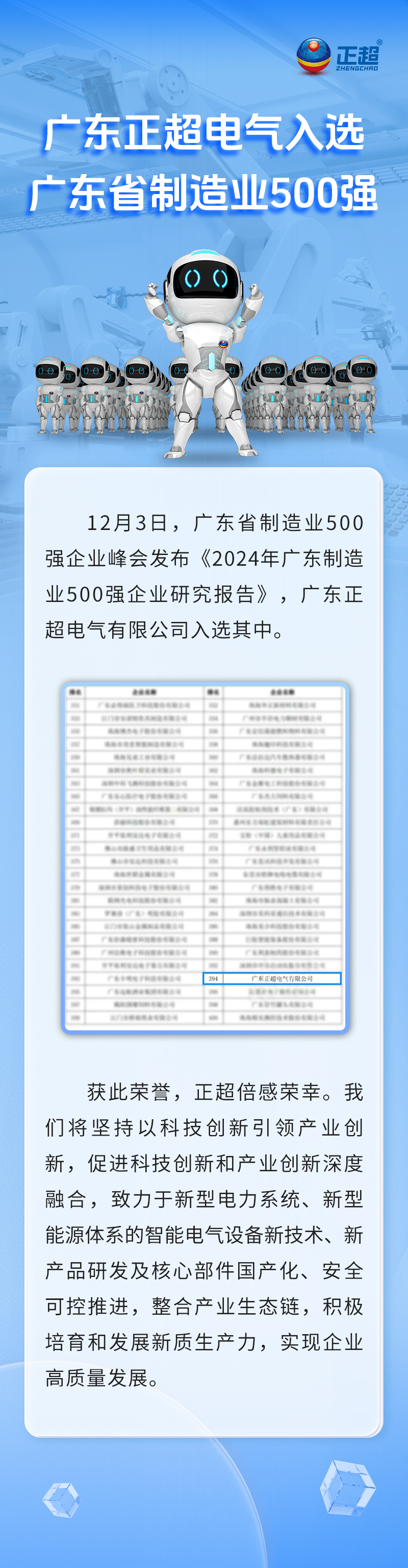 广东正超电气入选广东省制造业500强